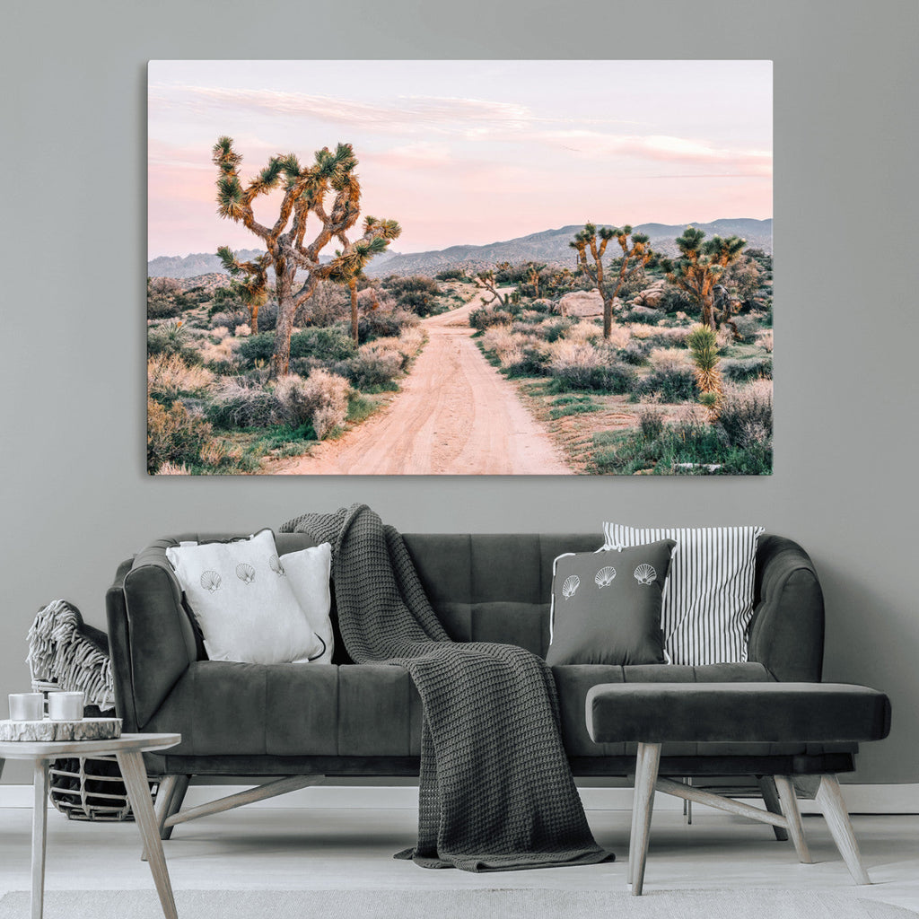 Joshua Tree Wall Art Canvas Print, Framed Desert Road Scene at Sunset