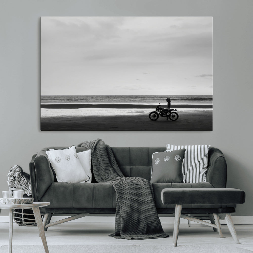 Motorcycle Beach Wall Art Canvas Print, Framed Vintage Biker Silhouette Artwork
