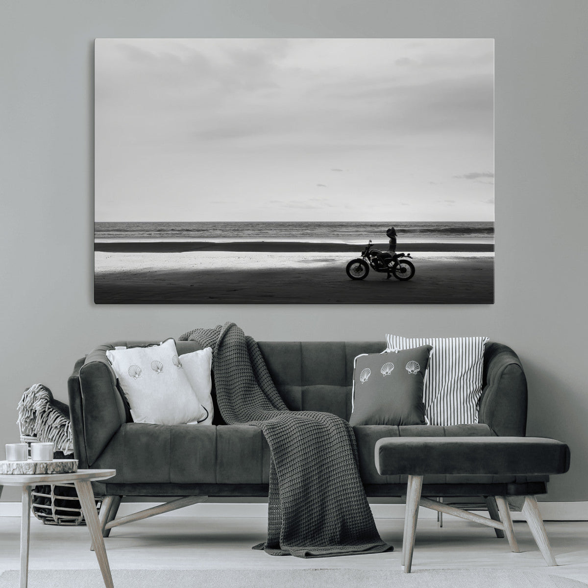 Motorcycle Beach Wall Art Canvas Print, Framed Vintage Biker Silhouette Artwork