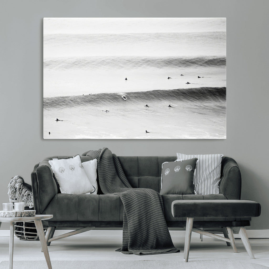 Black White Ocean Wall Art Canvas Print, Framed Coastal Sport and Ocean Swimmers Scene