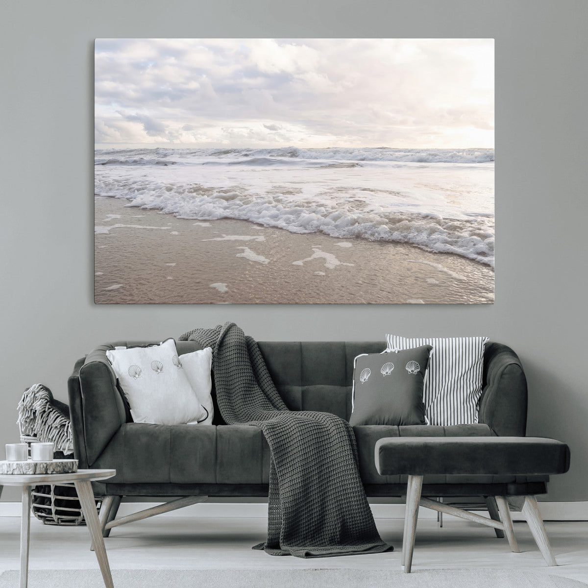 Ocean Waves Wall Art Canvas Print, Framed Coastal Shoreline Sea Foam Artwork