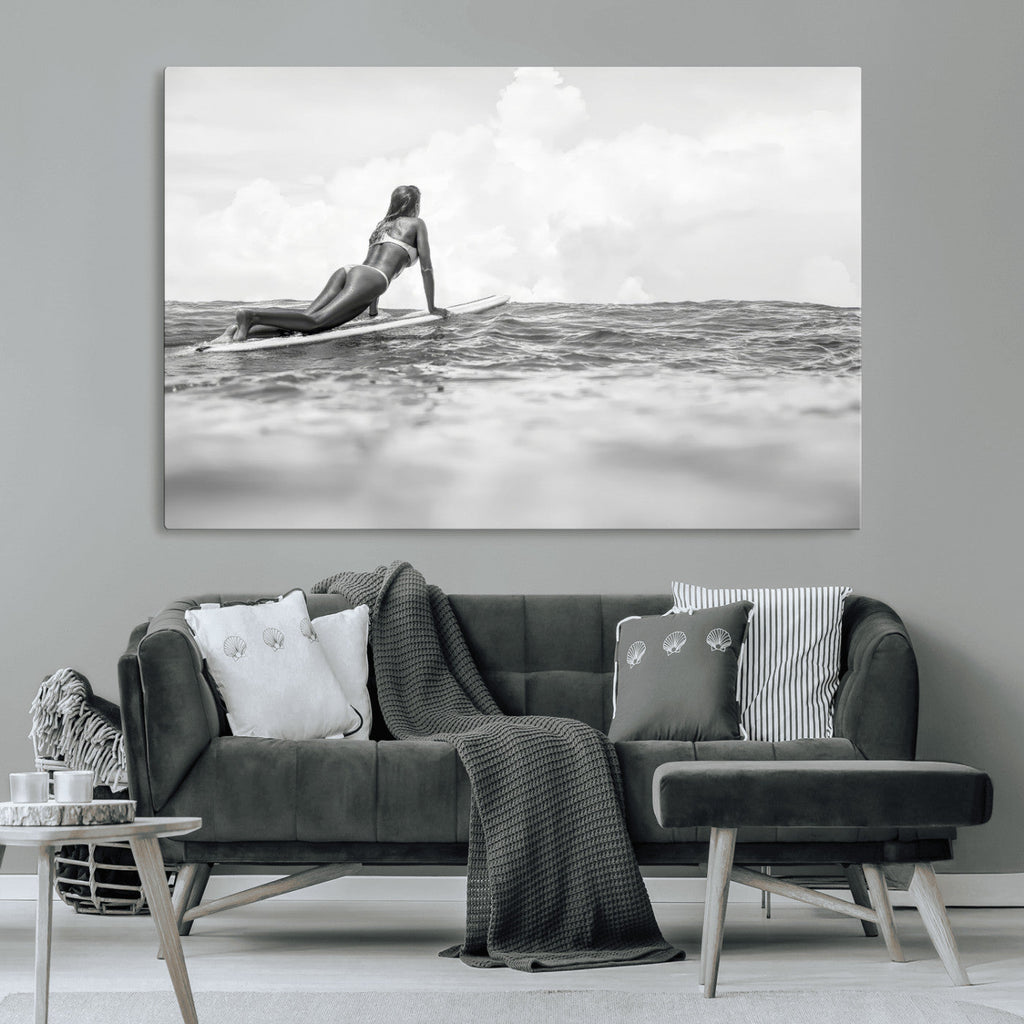 Black and White Surfing Wall Art Canvas Print, Framed Ocean Horizon Surfer Girl