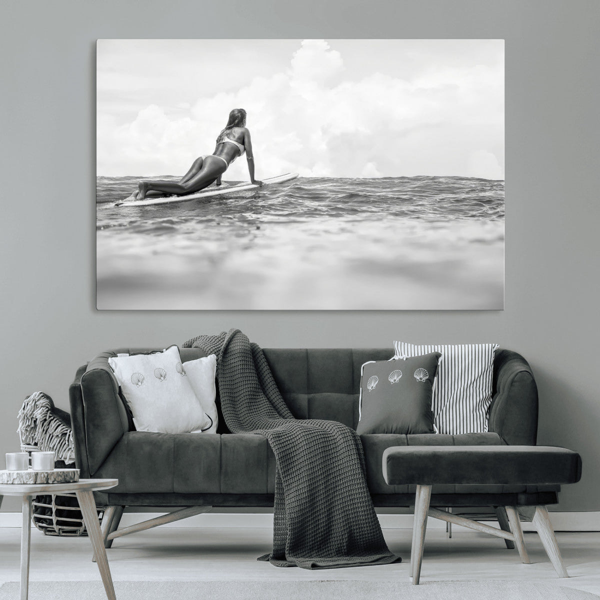 Black and White Surfing Wall Art Canvas Print, Framed Ocean Horizon Surfer Girl