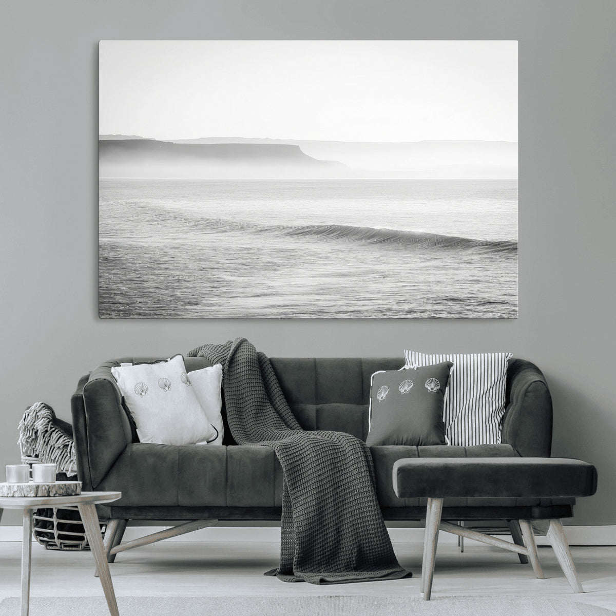 Black and White Seascape Wall Art Canvas Print, Framed Misty Ocean Waves