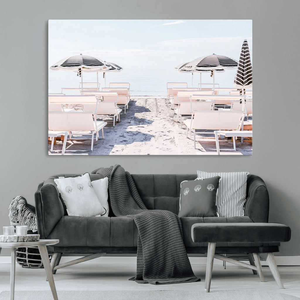 Minimalist Beach Wall Art Canvas Print, Framed Pastel Sand and Striped Umbrella Artwork