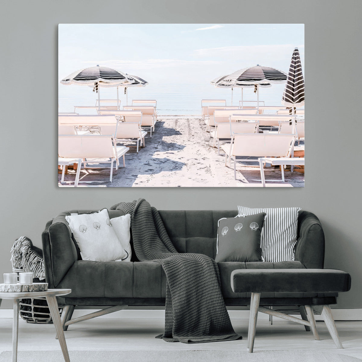 Minimalist Beach Wall Art Canvas Print, Framed Pastel Sand and Striped Umbrella Artwork