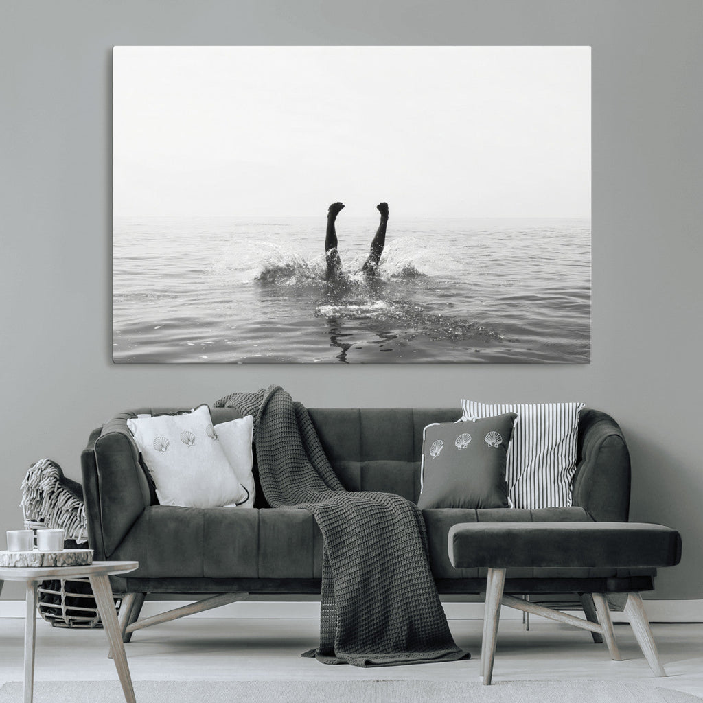 Black White Ocean Wall Art Canvas Print, Framed Monochrome Diving into Water Artwork