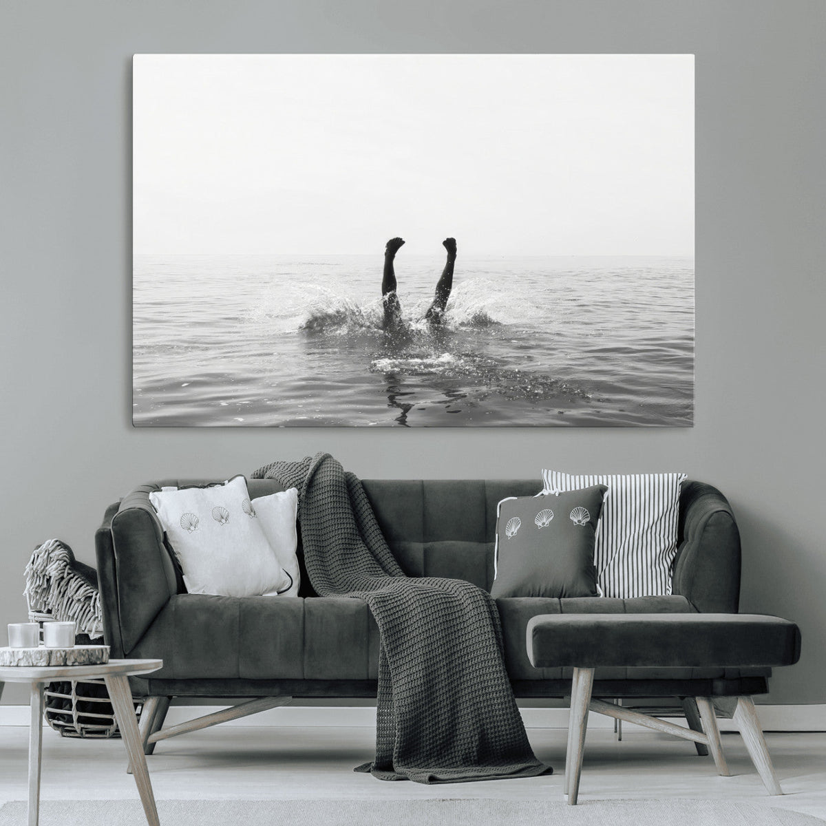 Black White Ocean Wall Art Canvas Print, Framed Monochrome Diving into Water Artwork