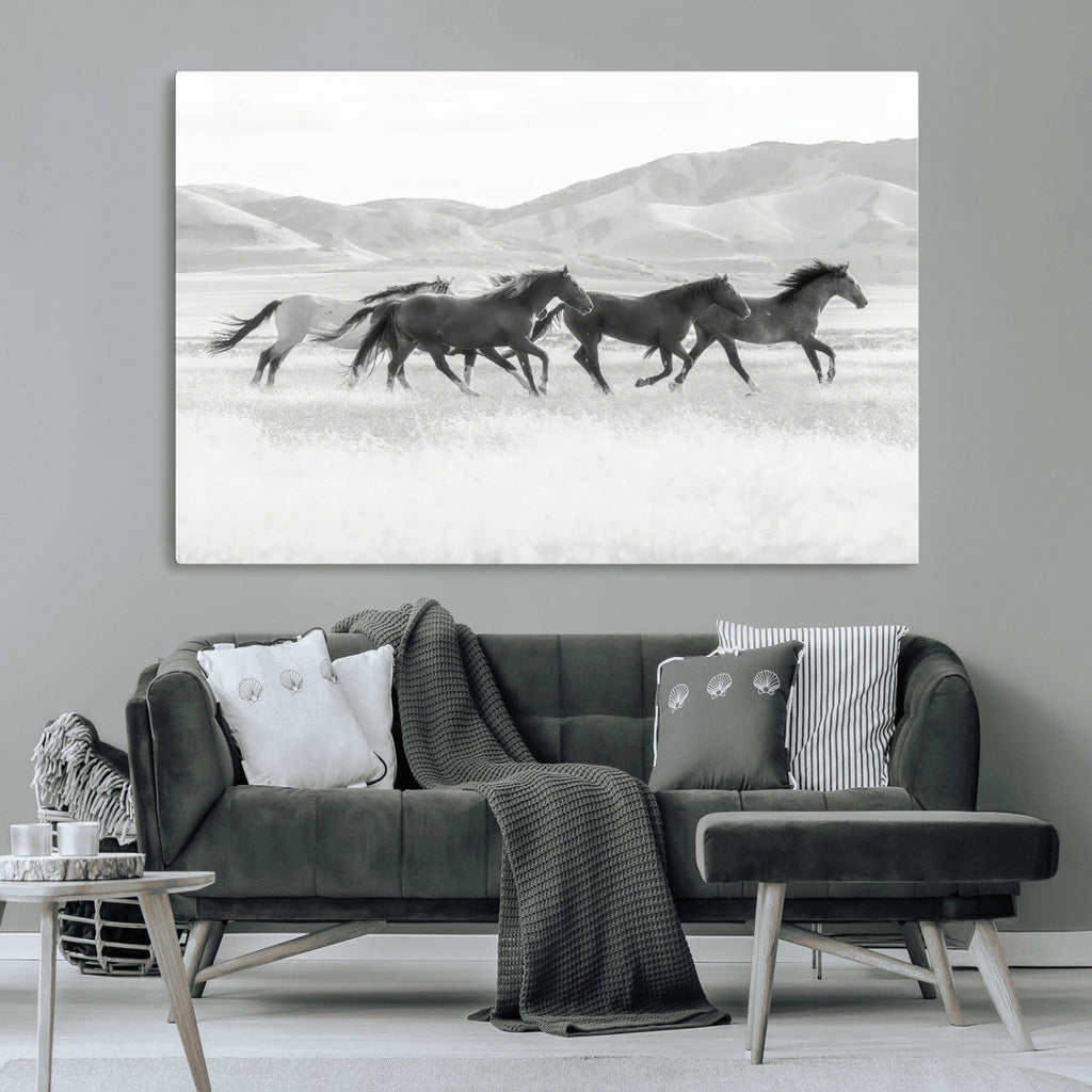 Wild Horses Running Wall Art Canvas Print, Framed Black White Mustangs Artwork
