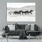 Wild Horses Running Wall Art Canvas Print, Framed Black White Mustangs Artwork