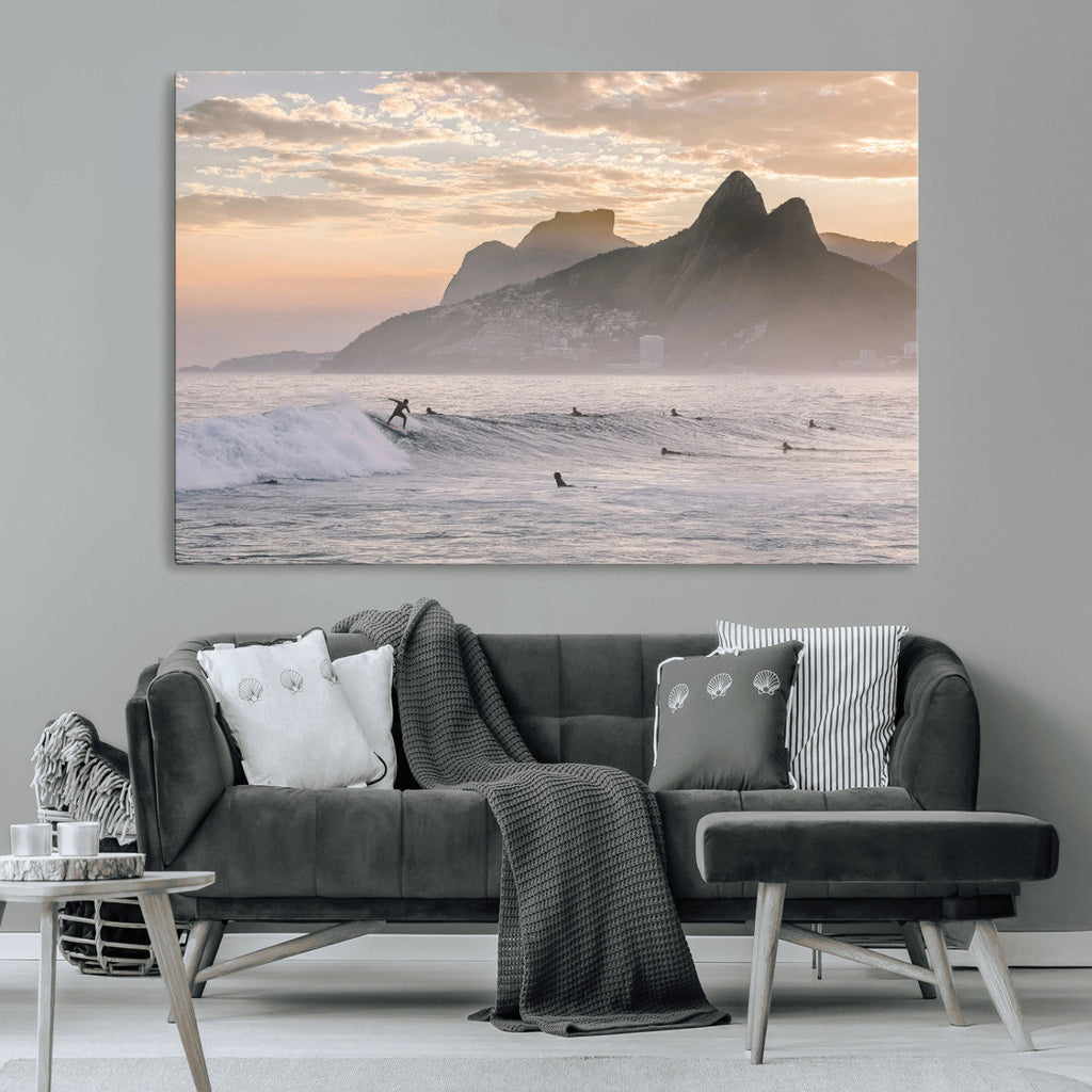 Sunset Surfing Wall Art Canvas Print, Framed Misty Mountains and Surfer Riding a Wave