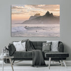 Sunset Surfing Wall Art Canvas Print, Framed Misty Mountains and Surfer Riding a Wave