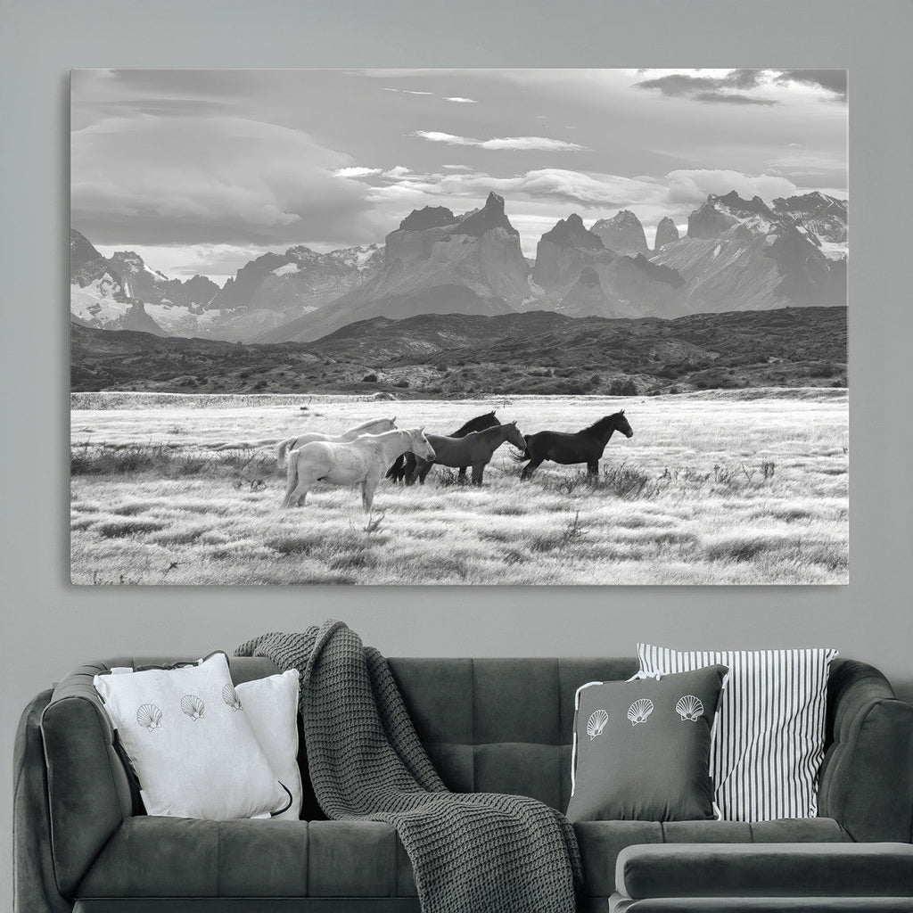 Wild Horses Wall Art | Framed Black White Mountain Canvas