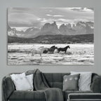 Wild Horses Wall Art | Framed Black White Mountain Canvas