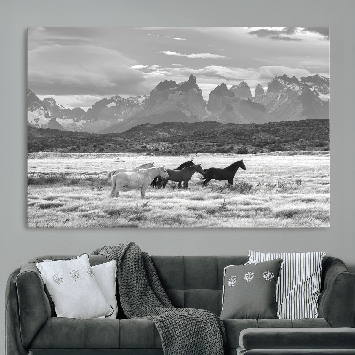 Wild Horses Wall Art | Framed Black White Mountain Canvas