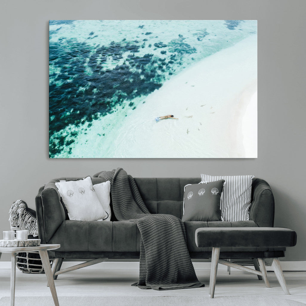 Minimal Beach Wall Art Canvas Print, Framed Ocean Swimming Art, Clear Ocean Decor