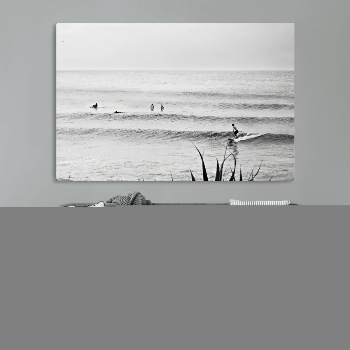 Surfer Silhouette Wall Art Canvas Print, Framed Calm Ocean Monochrome Surf