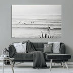 Surfer Silhouette Wall Art, Framed Calm Ocean Monochrome Surf Canvas Print