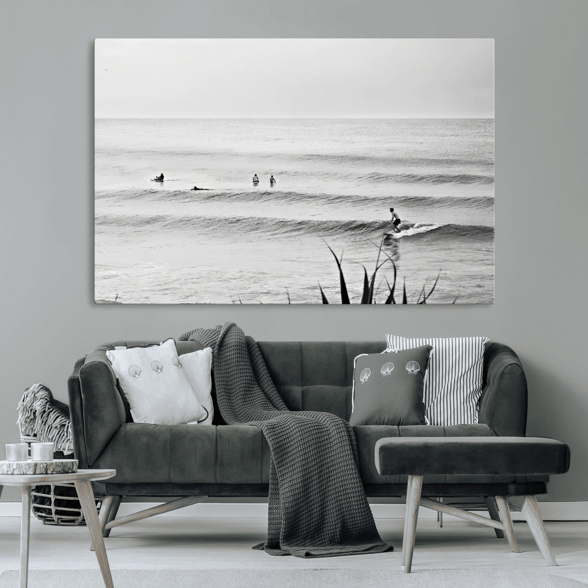 Surfer Silhouette Wall Art, Framed Calm Ocean Monochrome Surf Canvas Print