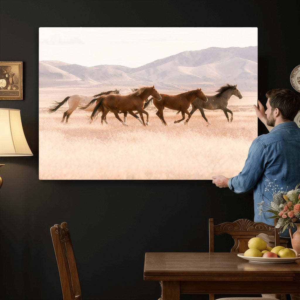 Wild Horse Wall Art Canvas Print, Framed Rustic Western Art, Desert Horse Scene