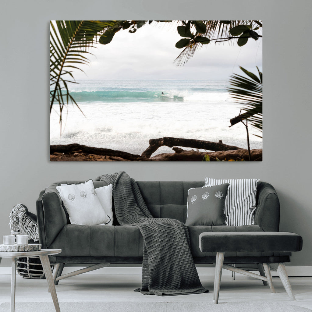 Tropical Surf Wall Art Canvas Print, Framed Palm Tree View Art, Boho Beach House Decor