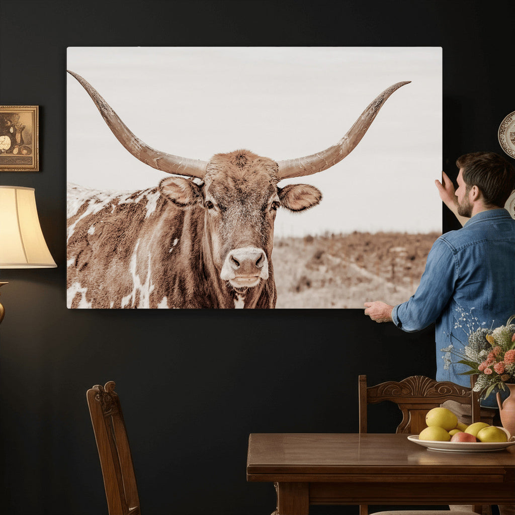Longhorn Cow Wall Art Canvas Print, Framed Texas Ranch Print, Western Bull Art, Cowboy Decor