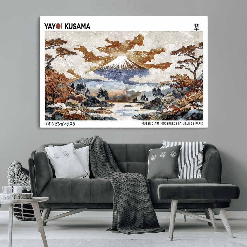 Modern Japanese Wall Art Canvas Print, Framed Abstract Mount Fuji Landscape, Yayoi Kusama Canvas Wall Art