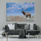 Elk Wall Decor Canvas Print, Framed Rustic Wildlife Art, Mountain Elk Landscape