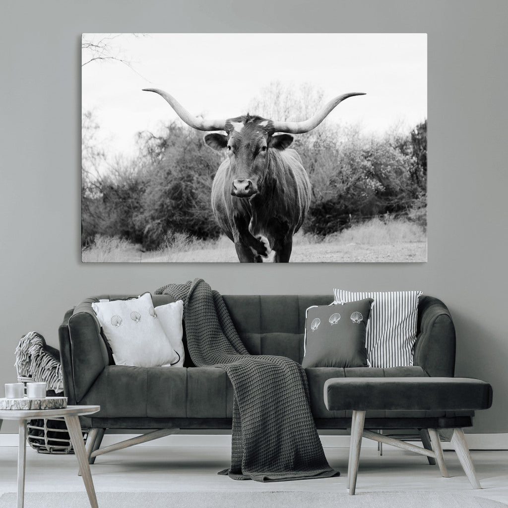Longhorn Photography Wall Art Canvas Print, Framed Western Cow Texas Ranch Decor