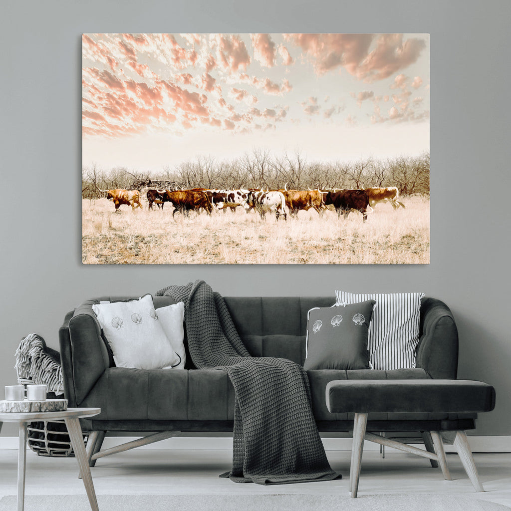 Country Cow Herd Wall Art Canvas Print, Framed Farmhouse Cattle Scene, Rustic Ranch Decor