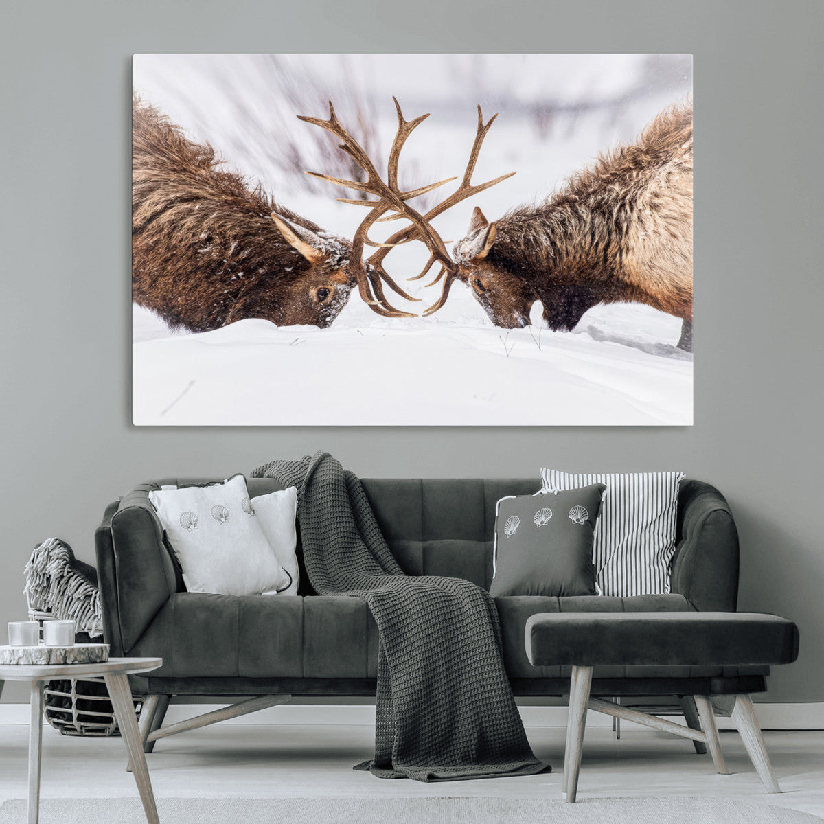 Elk Wall Art Canvas Print, Framed Wildlife Art, Snowy Forest Elk Rustic Lodge Decor