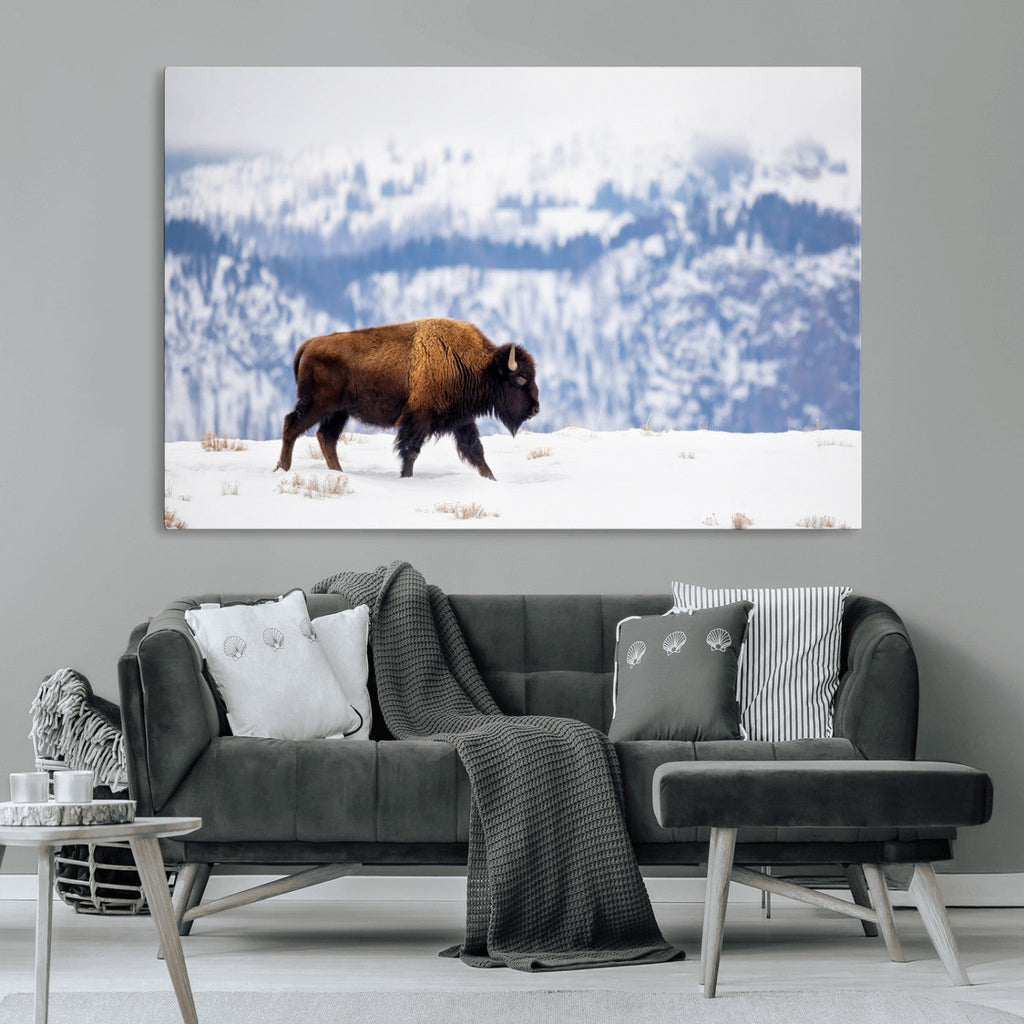 Bison Snow Wall Art Canvas Print, Framed Wildlife Scene, Western Ranch Style Decor