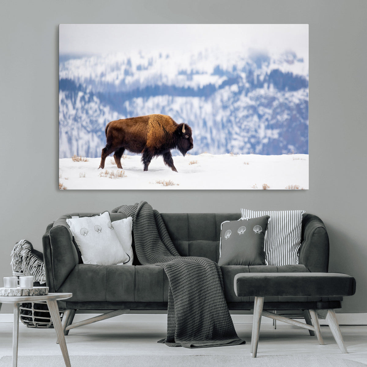 Bison Snow Wall Art Canvas Print, Framed Wildlife Scene, Western Ranch Style Decor
