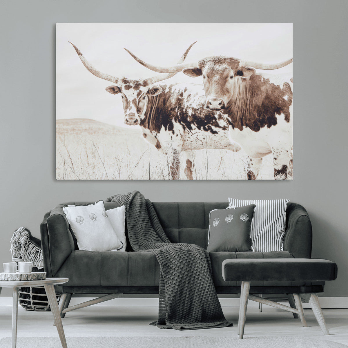 Longhorn Cow Wall Art Canvas Print, Framed Rustic Cattle Art, Sepia Western Decor