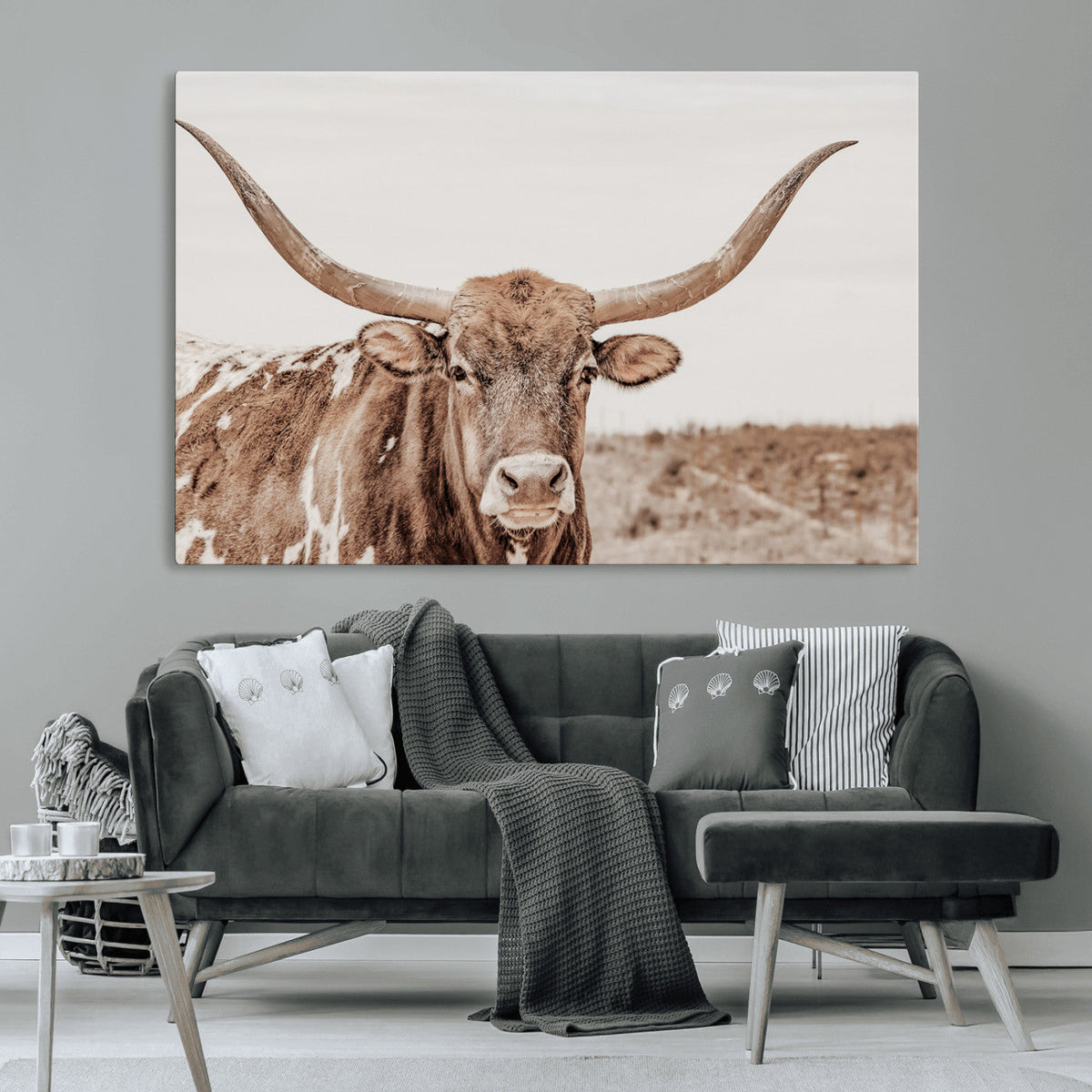 Longhorn Bull Wall Art Canvas Print, Framed Rustic Cow Decor, Neutral Farmhouse Style