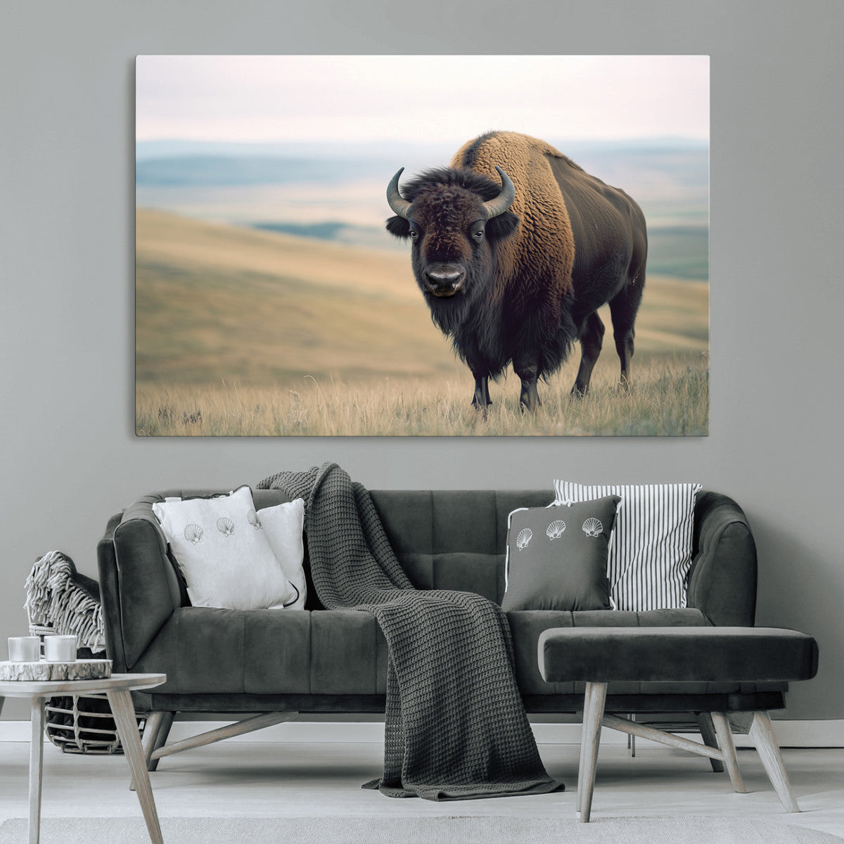 Bison Wall Art Canvas Print, Framed American Buffalo Rustic Western Artwork