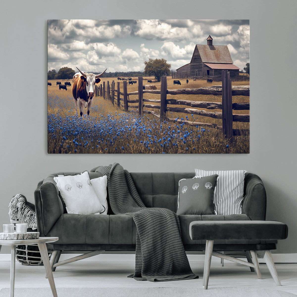 Texas Longhorn Canvas Wall Art Print, Framed Rustic Barn Farmhouse Decor
