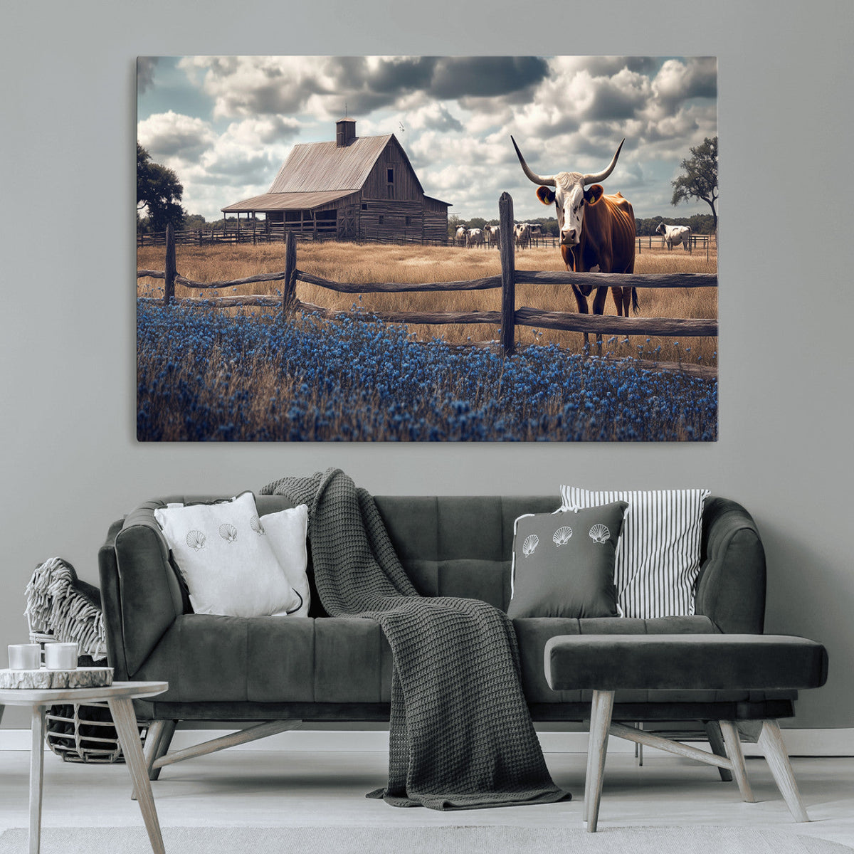 Texas Longhorn Wall Art Canvas Print, Framed Rustic Barn Art, Farmhouse Cow Decor