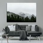 Misty Mountains Wall Art Canvas Print, Framed Foggy Forest Art, Snowy Peaks Landscape