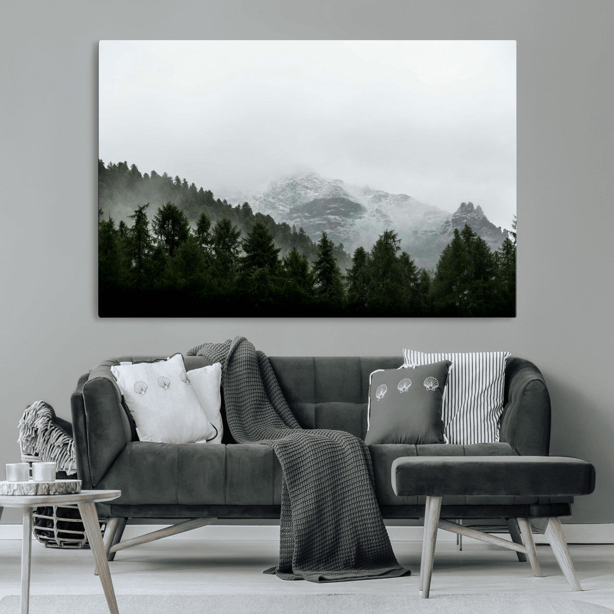 Misty Mountains Wall Art Canvas Print, Framed Foggy Forest Art, Snowy Peaks Landscape
