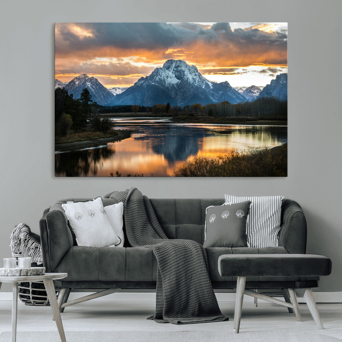 Mountain Sunset Wall Art Canvas Print, Framed Alpine Wilderness Art, Golden Hour Lake