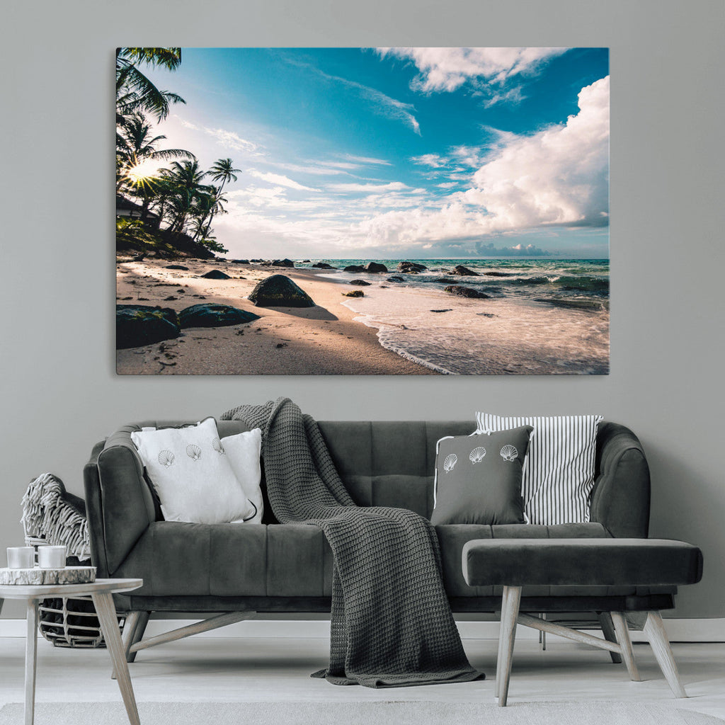 Tropical Beach Wall Art Canvas Print, Framed Ocean Waves Relaxing Seascape