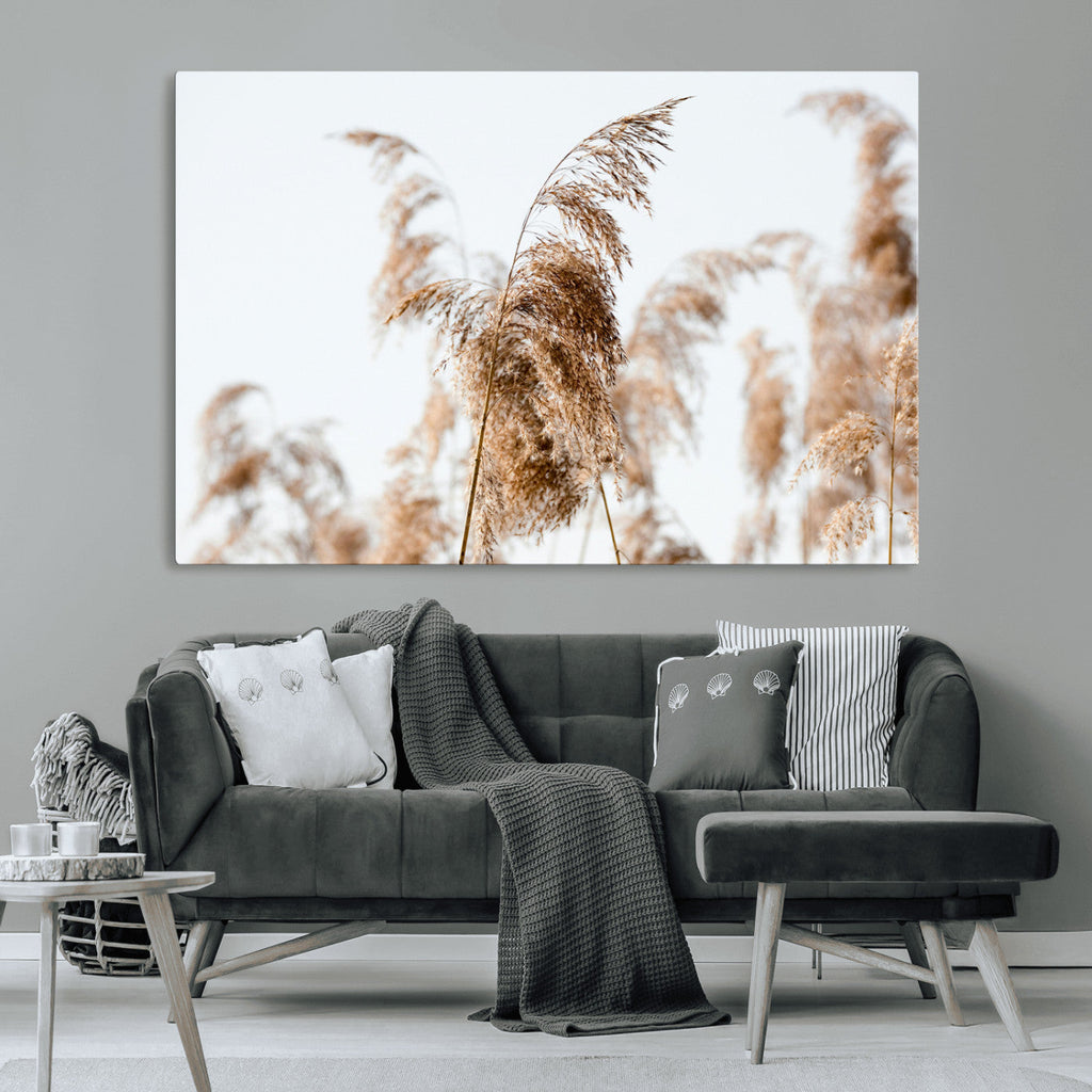 Pampas Grass Wall Art Canvas Print, Framed Neutral Tones Minimalist Boho