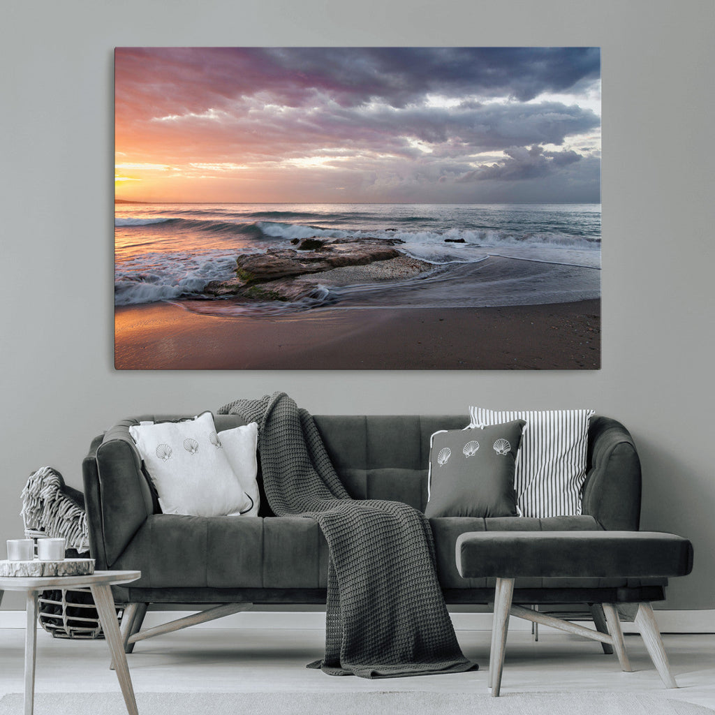 Golden Hour Wall Art Canvas Print, Framed Tranquil Waves Beach Sunset