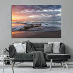Golden Hour Wall Art Canvas Print, Framed Tranquil Waves Beach Sunset
