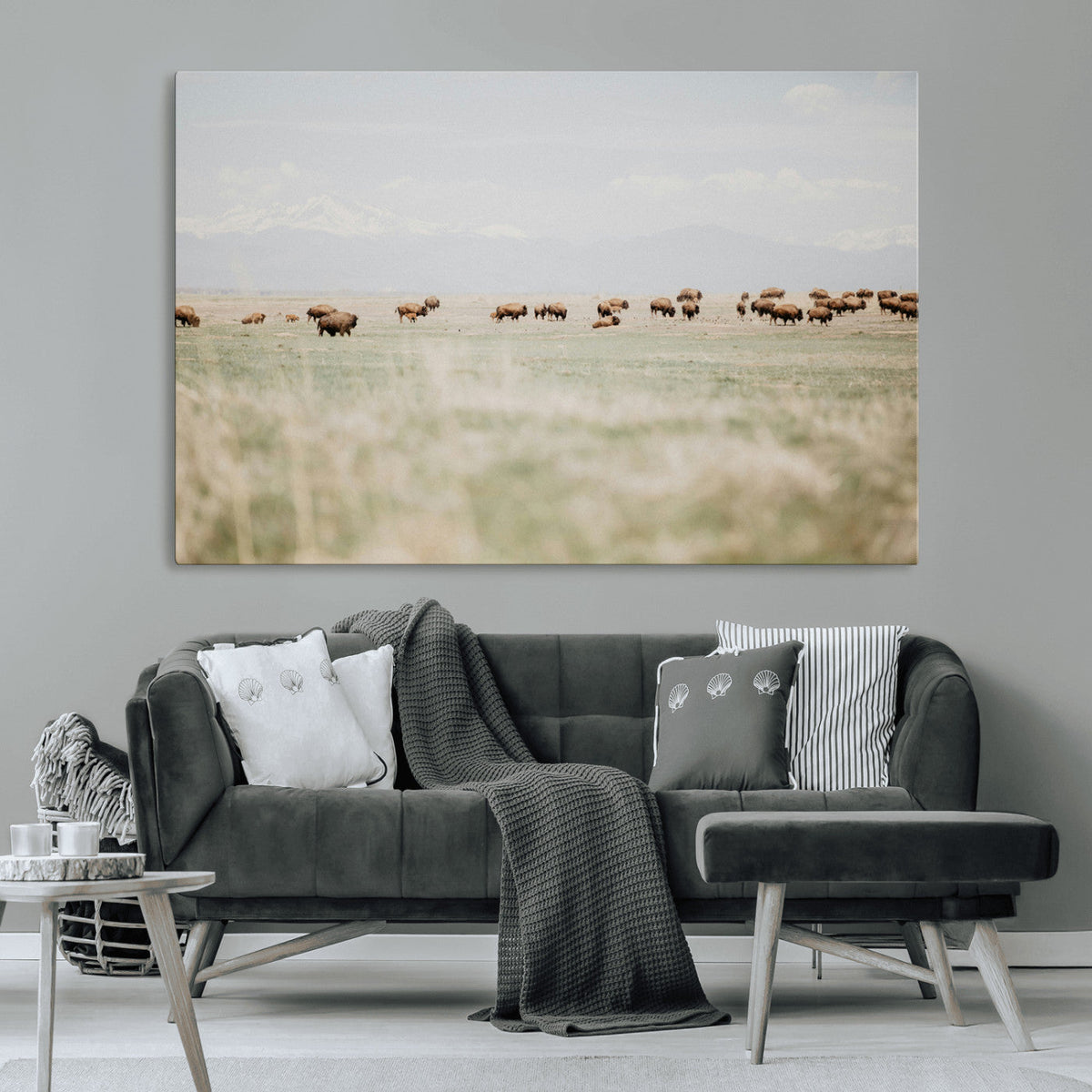 Bison Herd Wall Art Canvas Print, Framed Western Ranch Nature Scene