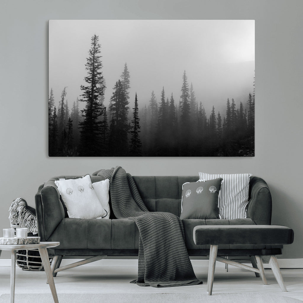Misty Pines Wall Art Canvas Print, Framed Woodland Minimalist Black and White