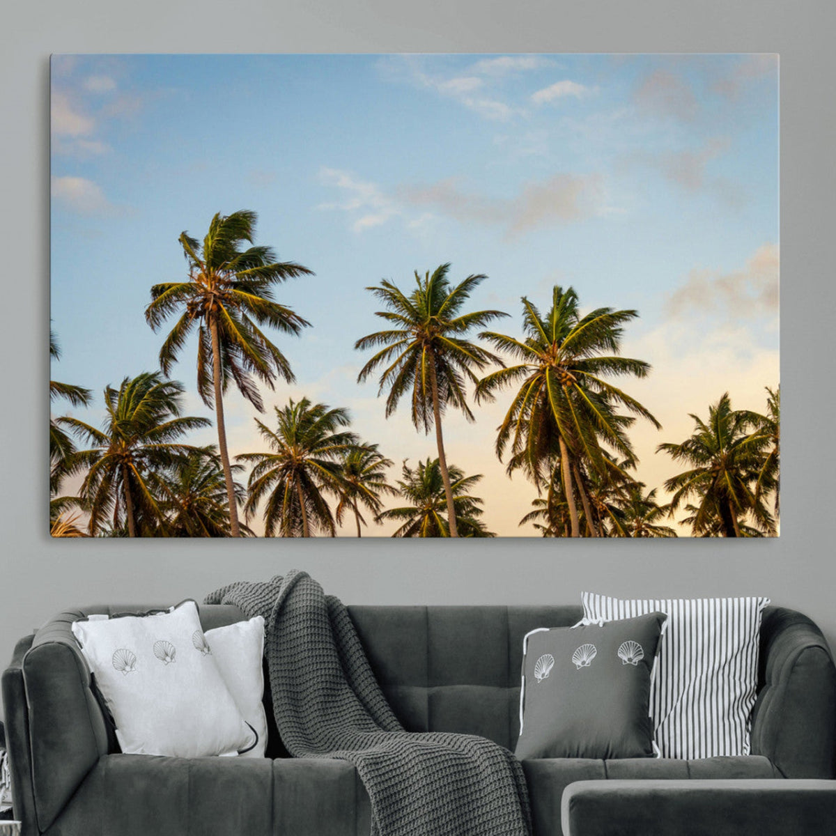 Palm Trees Wall Art Canvas Print, Framed Tropical Vibes Coastal Sunset