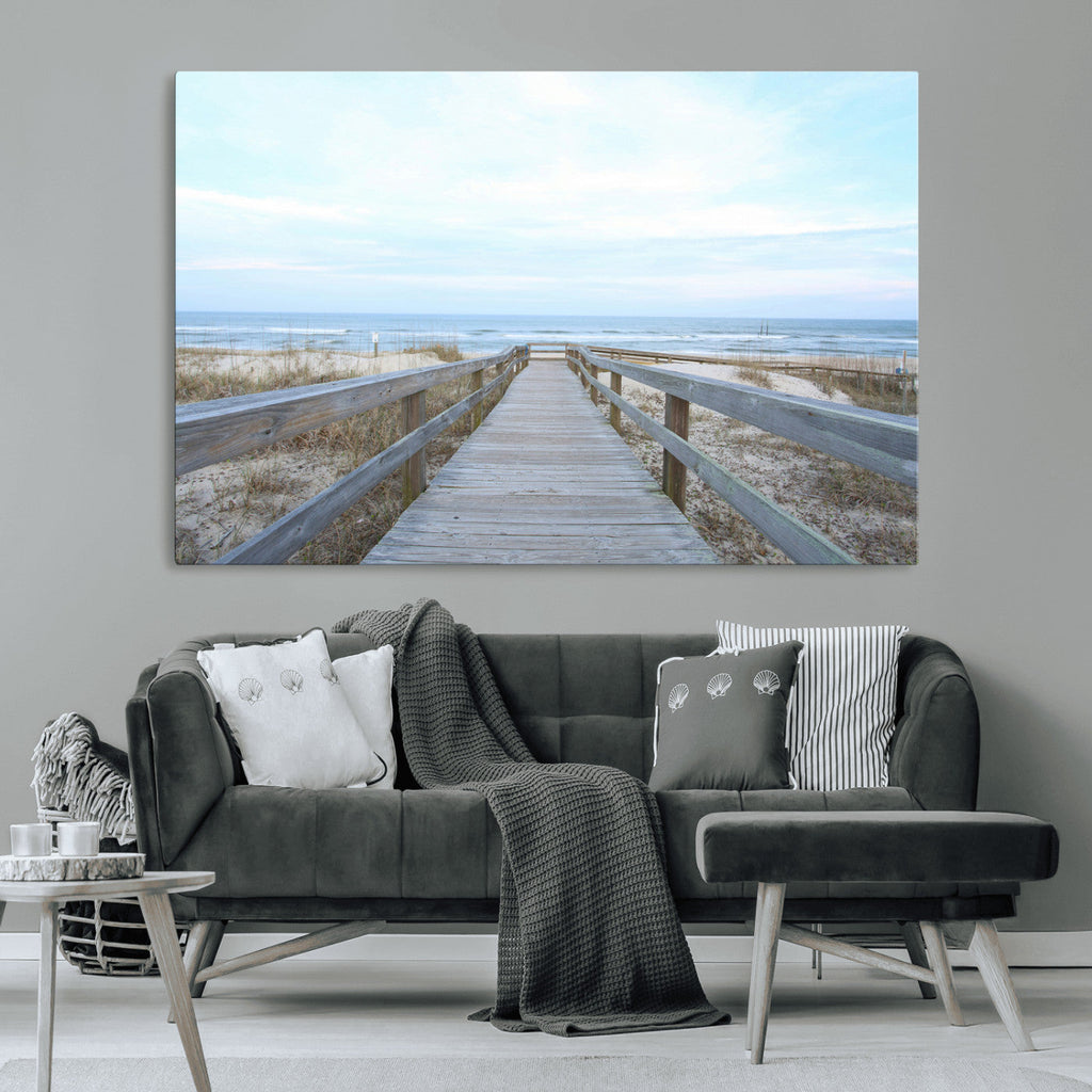Beach Boardwalk Wall Art Canvas Print, Framed Coastal Serenity Ocean View