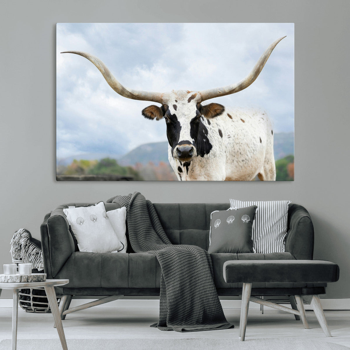 Texas Longhorn Wall Art Canvas Print, Framed Western Rustic Farmhouse